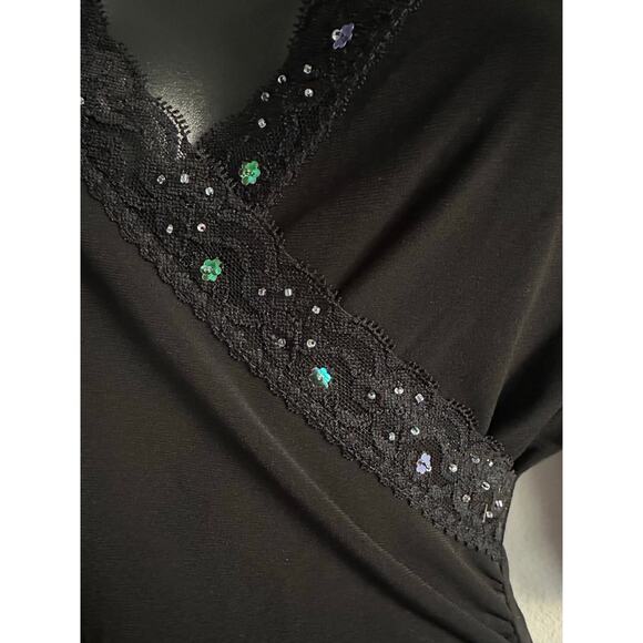 Vintage 2000s Black Wrap Top Lace Beaded Sequin Y2K Blouse Small - Picture 4 of 7